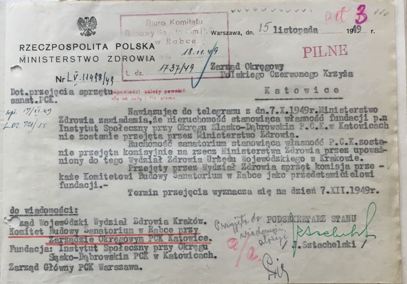 Przejęcie Sanatorium PCK w Rabce Ministerstwu Zdrowia 7 grudnia 1949.